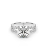 White Gold Round Shape Diamond Split Shank Pave Engagement Ring With U Cut Setting.